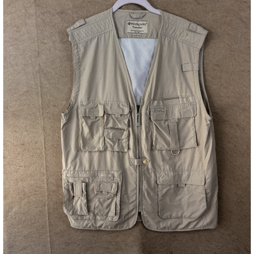 Weekender‎ Traveler Adventure Series Vest Mens Sz L Beige Mesh Full Zip Pockets